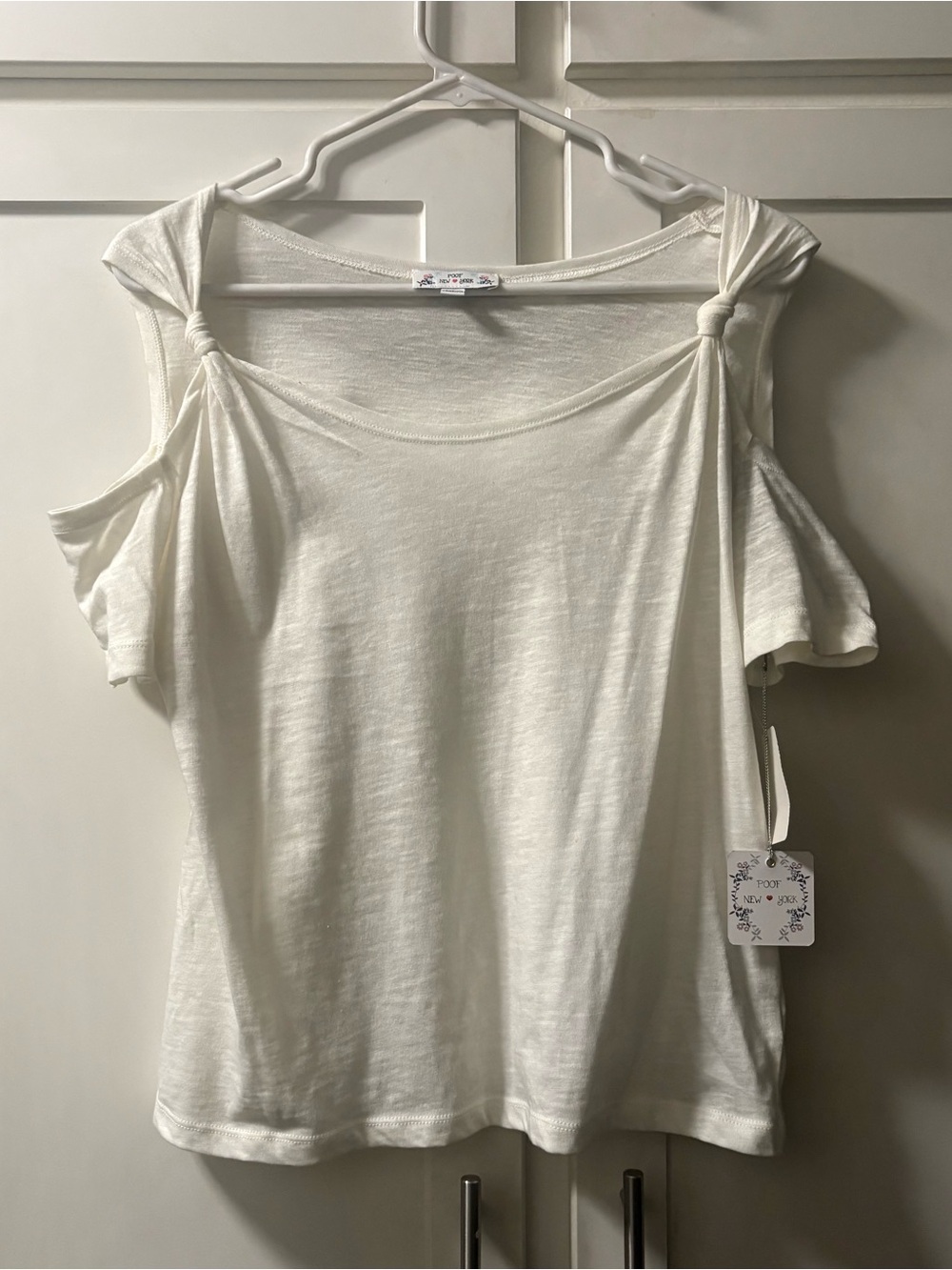 NEW Poof White Cold-Shoulder Knot-Sleeve Top